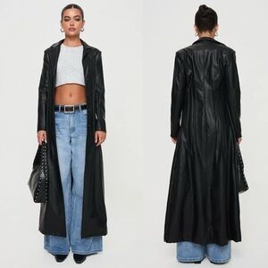Princess Polly Speak Easy Long Line Faux Leather Coat Duster Maxi Jacket Black 2
